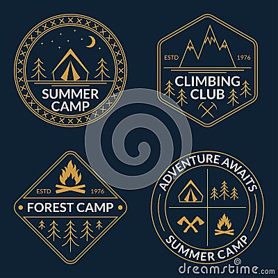 Camp logo set. Summer and forest camping badges. Mountain and Rock Climbing emblem. Vector illustration Vector Illustration